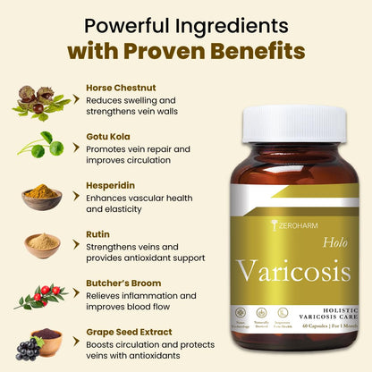 ZEROHARM Holo Varicosis With Horse Chestnut, Gotu Kola, Hesperidin, Rutin, Butcher’s Broom & Grape Seed Extract | Reduce Varicose Veins, Boost Circulation and Leg Comfort | For Men and Women | 60 Nano Capsules