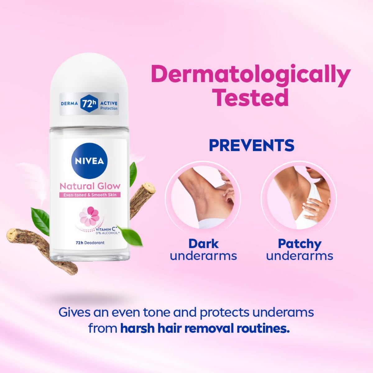NIVEA Natural Glow Smooth Skin Deodorant Underarm Roll On For Women|Vitamin C,Vitamin E,Avocado Oil And Licorice Extract|72 H Even Toned,Smooth & Bright Underarms|0% Alcohol And Dermat Approved|50 Ml