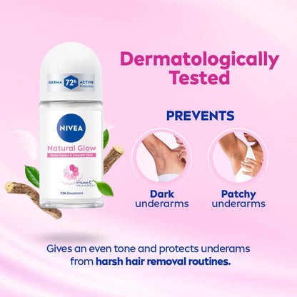 NIVEA Natural Glow Smooth Skin Deodorant Underarm Roll On For Women|Vitamin C,Vitamin E,Avocado Oil And Licorice Extract|72 H Even Toned,Smooth & Bright Underarms|0% Alcohol And Dermat Approved|50 Ml