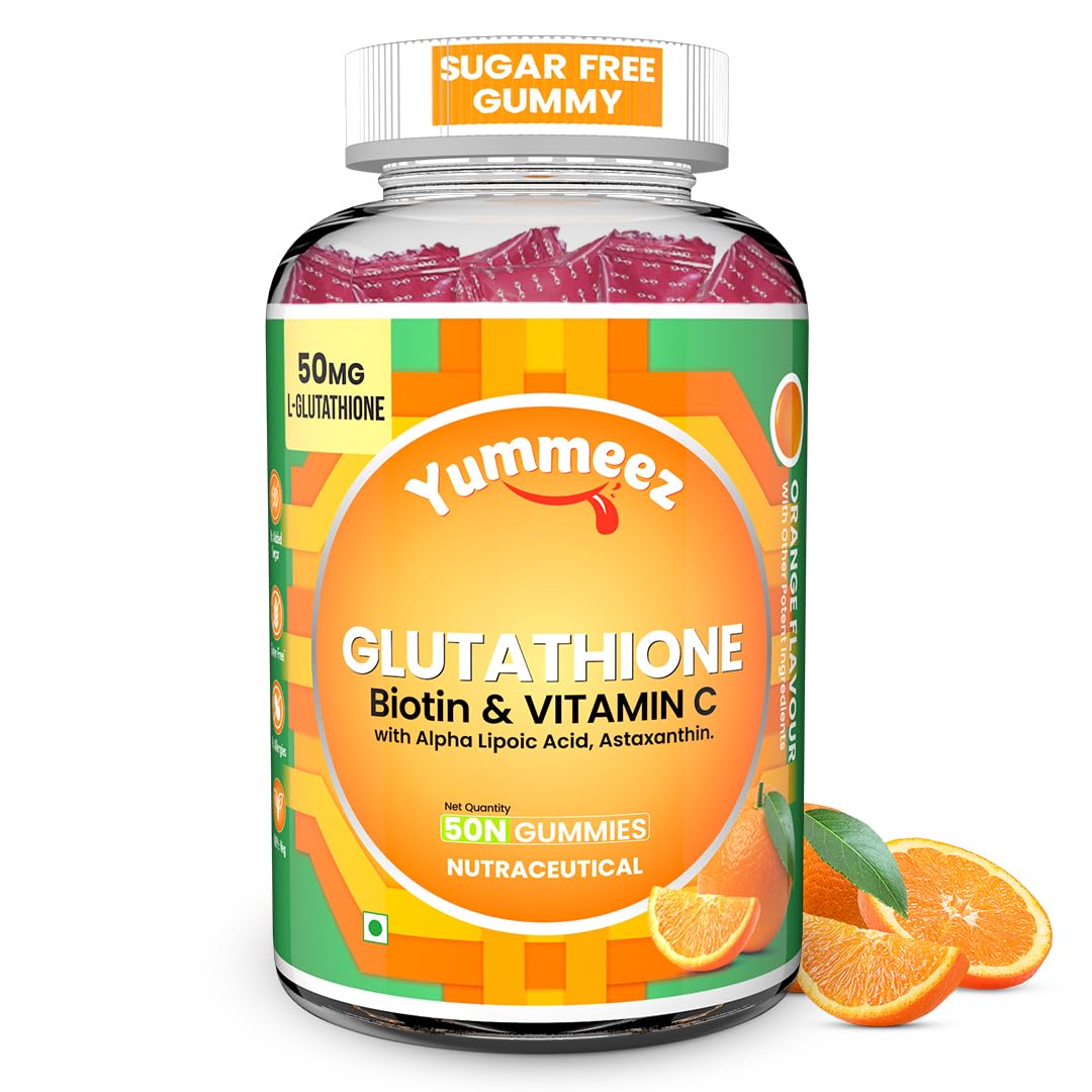 Yummeez Glutathione Biotin & Vitamin C gummy bottle with orange slices on a white background