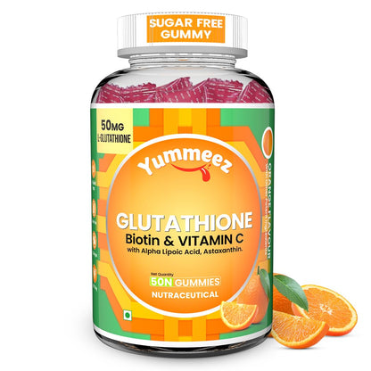Yummeez Glutathione Biotin & Vitamin C gummy bottle with orange slices on a white background