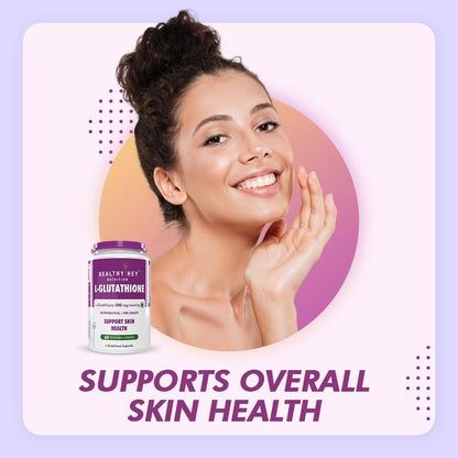 Woman with a product labeled 'Healthy Net L-Glutathione' on a light purple background