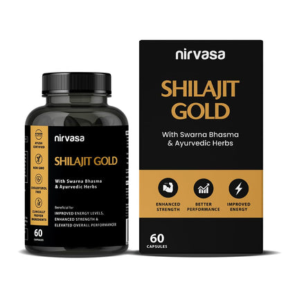 Nirvasa Shilajit Gold Capsules (60) | 100% Pure Himalayan Shilajeet with 24K Gold | Boosts Strength, Stamina, Energy & Performance | Vitality & Immunity | Gokshura, Akarkara & Safed Musli