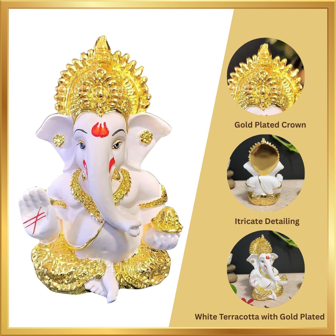 Gold Art India Gold Plated Ganesh Idol for Car Dashboard God Ganesha Idol for Home Decor Ganpati for Gift Home Office Table Shelves Diwali Gifting 3.5 Inches Gold White Mukut
