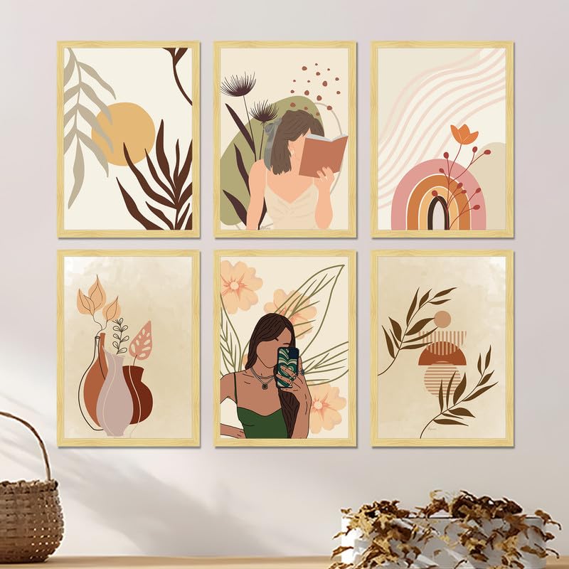Boho Portrait & Abstract Framed Painting Wall Art Set of 6 | Modern Feminine, Botanical & Rainbow Prints | Soft Neutral Tones | Engineered wood Frame Wall Décor, (Size: A3)
