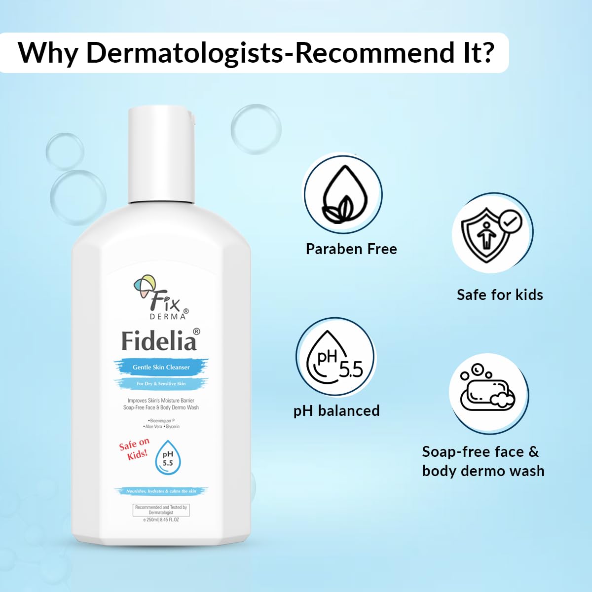 Fixderma Fidelia Gentle Skin Cleanser | Face Wash for Women | Body Wash for Men | Face & Body Wash for Dry & Sensitive Skin | Soap Free Face & Body Wash - 250Ml