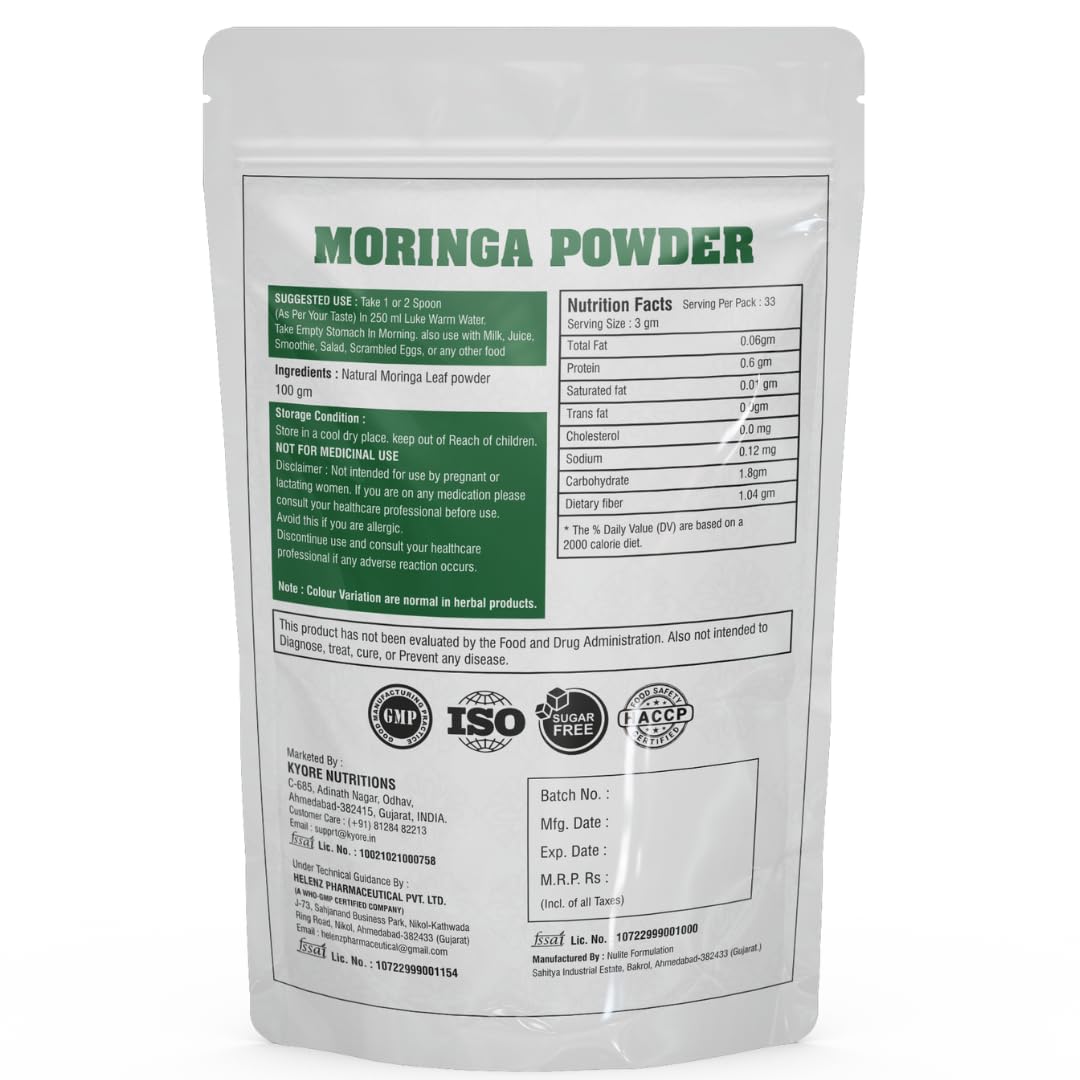 Moringa powder packaging with nutritional information and certification logos on a white background