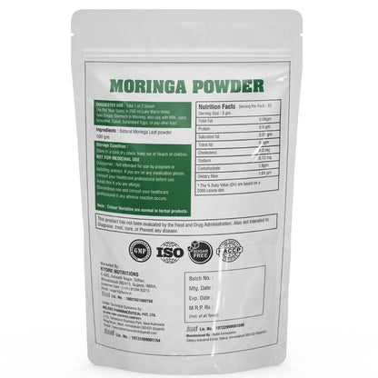 Moringa powder packaging with nutritional information and certification logos on a white background