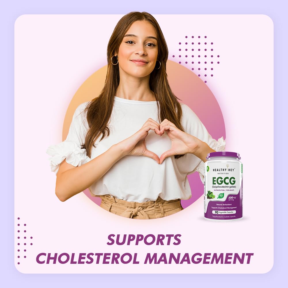 Woman making a heart shape with her hands next to a bottle of Healthy Wee EGCG supplement on a gradient background.