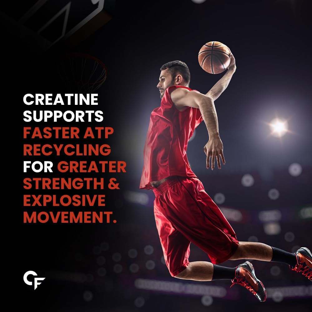 Basketball player in red uniform jumping with a basketball, with text about creatine benefits on a dark background.