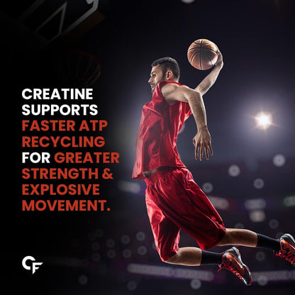 Basketball player in red uniform jumping with a basketball, with text about creatine benefits on a dark background.
