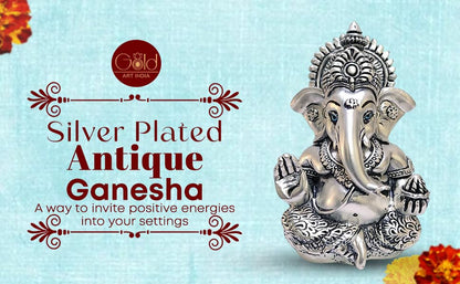 Gold Art India 999 Matte Silver Plated Antique Mukut Ganesha - 3.5" - Perfect for Gifting, Home Decor, Car Dashboard Murti Ganpati Idol for Home Decor Puja Statue Gift for Office Desk Puja Room, God