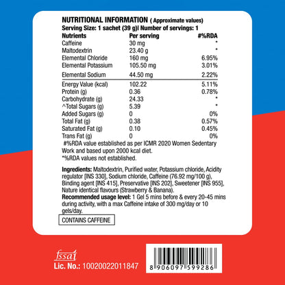 Fast&Up Energy Gel- Strawberry Banana flavour (Caffeinated) - Pack of 6 Gel Sachets, 39g per sachet- For Instant energy boost, Improved endurance and performance