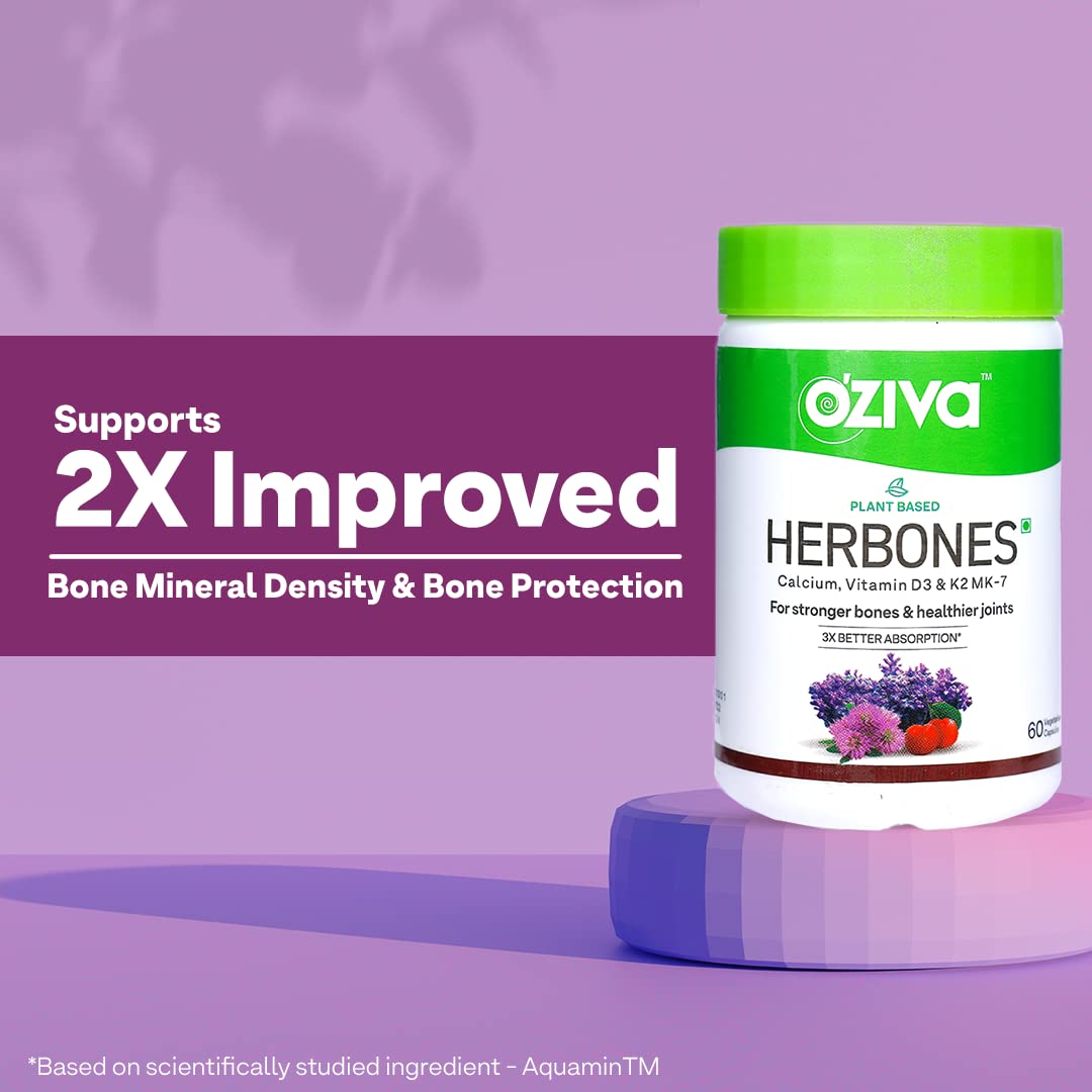 OZiva Plant Based HerBones|Healthy Bones Supplement for Better Bone Health & Bone Strength & Density|With Acerola Cherry & Ashoka for Healthy Bones for Women,Certified Vegan,60 capsules,70 grams