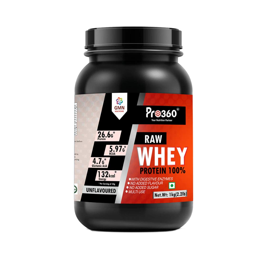 Pro360 Raw Whey Protein 100% Whey with Digestive Enzymes, 26.6g Protein, 5.97g BCAA, 4.7g Glutamic Acid per Serving) - No Added Sugar, No Fillers - Unflavored (1kg pack)