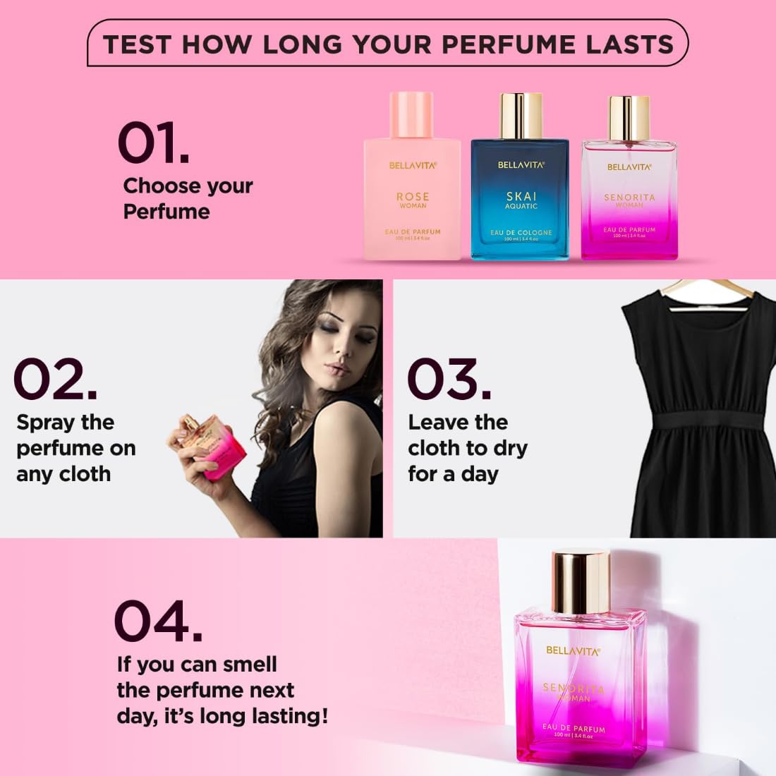 Instructions for testing perfume longevity with Bellanvei products on a pink background.