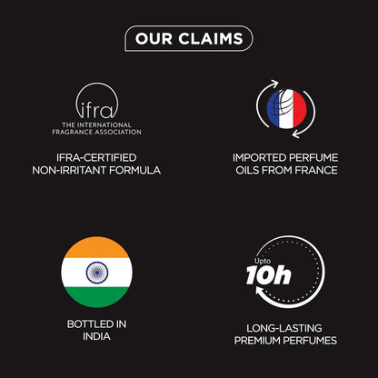 List of product claims with corresponding logos and text on a black background