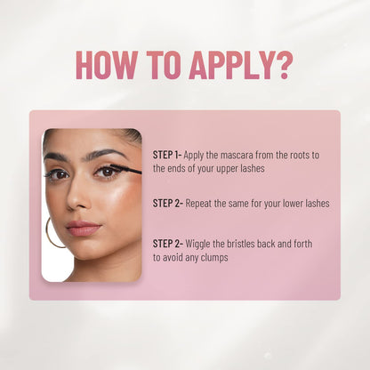 Instructions on how to apply mascara with a close-up of a person applying mascara.