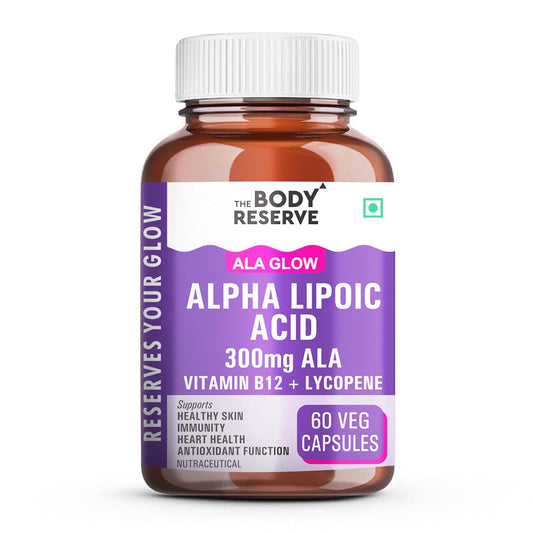 Bottle of Alpha Lipoic Acid supplement with purple label on a white background