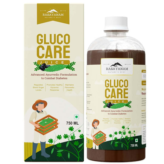 Rasayanam Gluco Care Juice packaging and bottle on a white background
