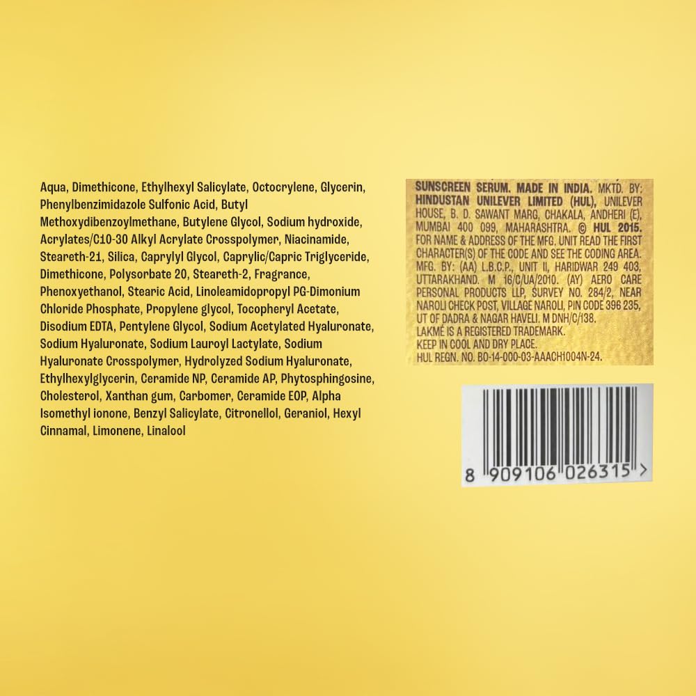Back label of a skincare product with text and a barcode on a yellow background