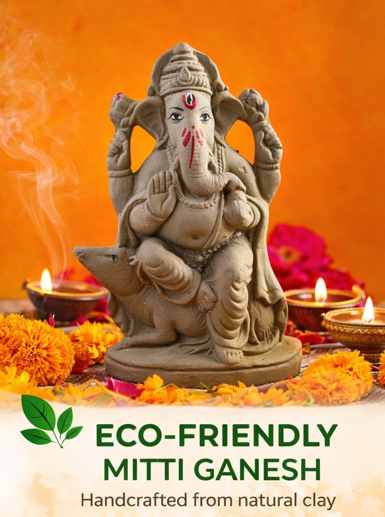 SAUDEEP INDIA 6 Inch Mitti Ganesh Idol | Eco-Friendly Handcrafted Mud/Clay Ganesh Murti | Ganpati Figurine for Visarjan | Biodegradable Mushak Ganesha Statue | Ganesh Chaturthi