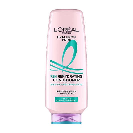 L'Oreal Hyaluron Pure 72H Rehydrating Conditioner bottle on a white background