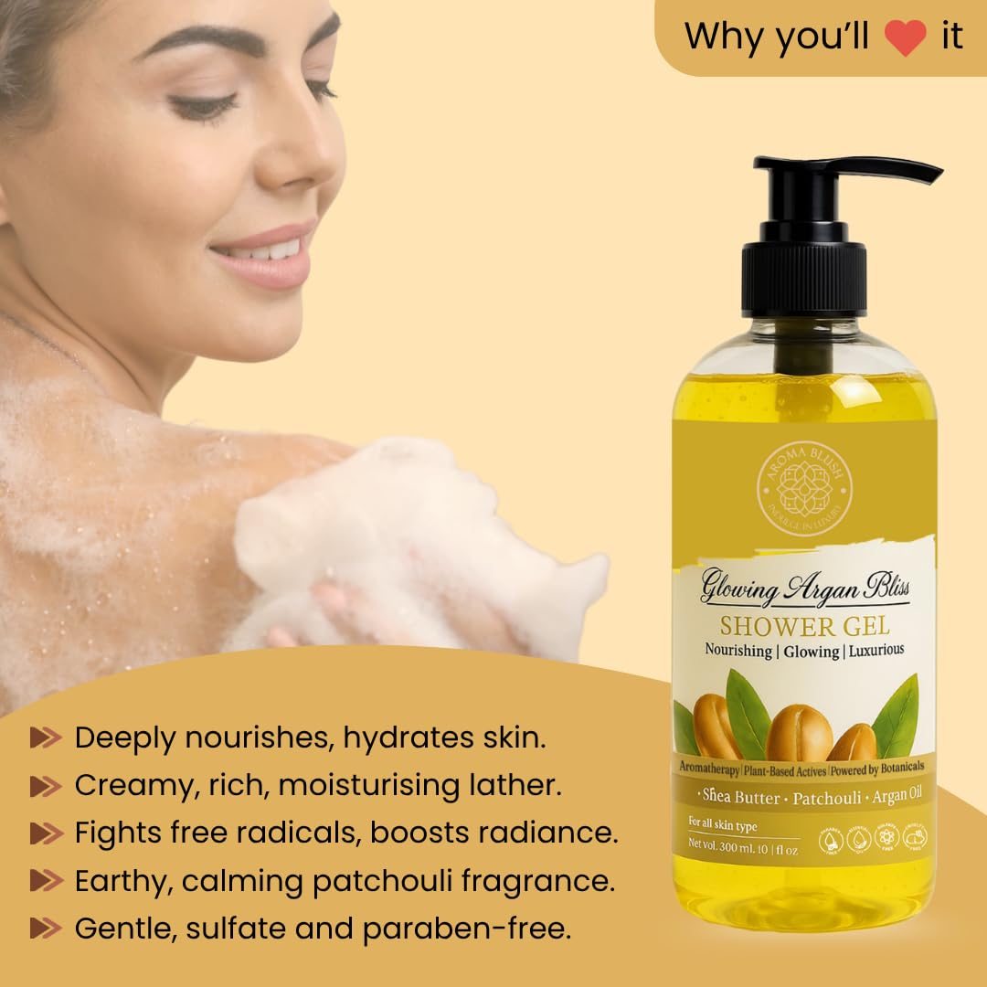 Woman applying shower gel with product bottle on a beige background