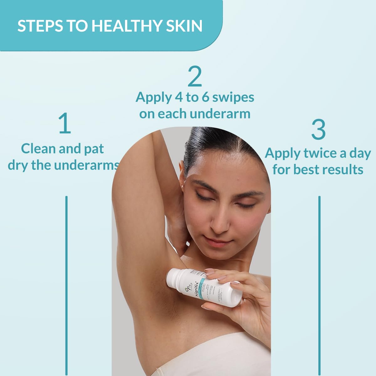 Steps to healthy skin with a woman applying a product on her underarms.