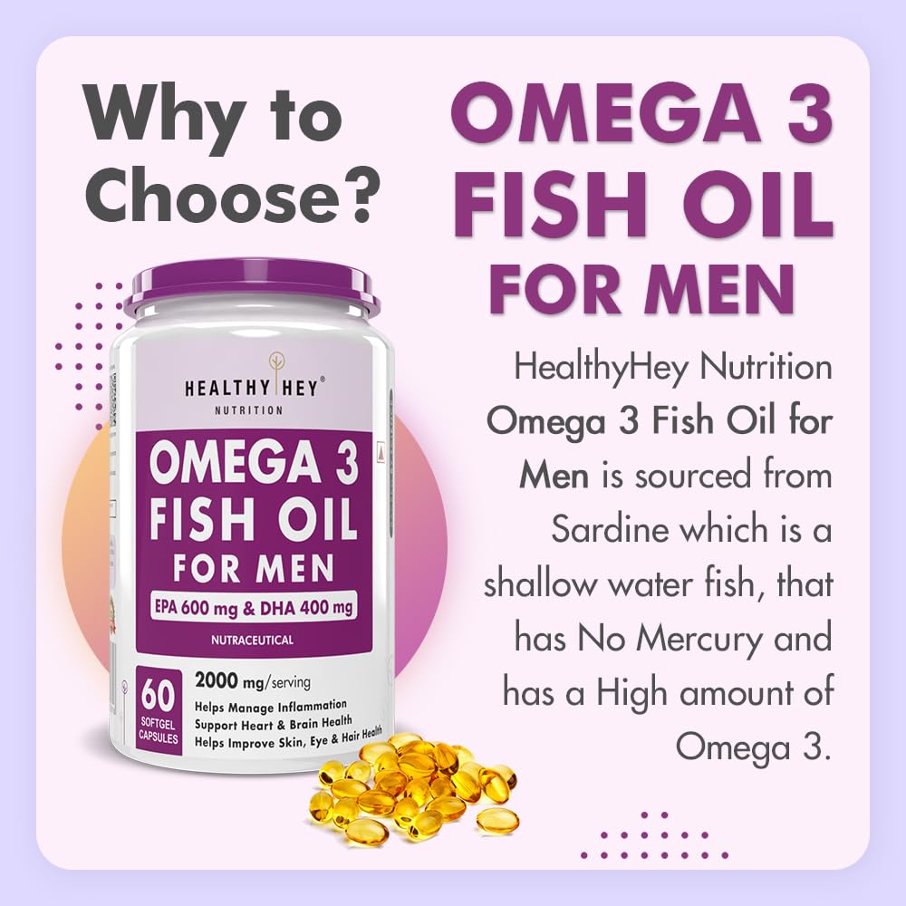 Omega 3 fish oil supplement for men with product packaging and text on a light purple background