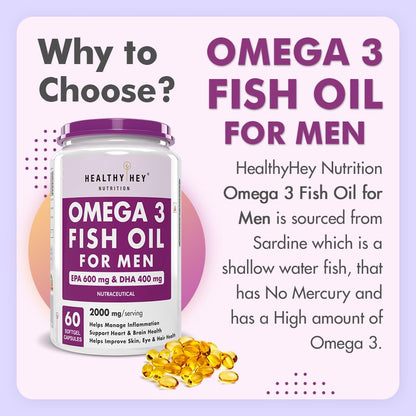 Omega 3 fish oil supplement for men with product packaging and text on a light purple background