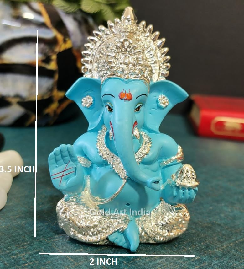 Gold Art India 999 Silver Plated Ganesh Idol for Car Dashboard God Ganesha Idol for Home Decor Ganpati for Gift 3.5 inches (Silver) (Silver Fountain Blue)