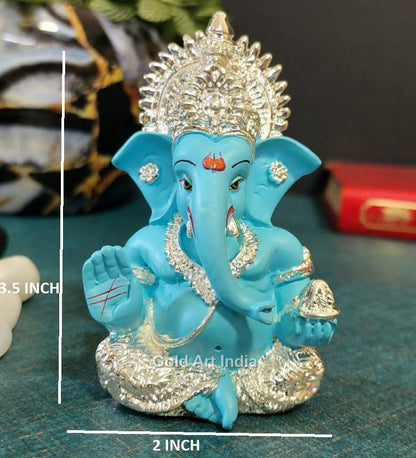 Gold Art India 999 Silver Plated Ganesh Idol for Car Dashboard God Ganesha Idol for Home Decor Ganpati for Gift 3.5 inches (Silver) (Silver Fountain Blue)
