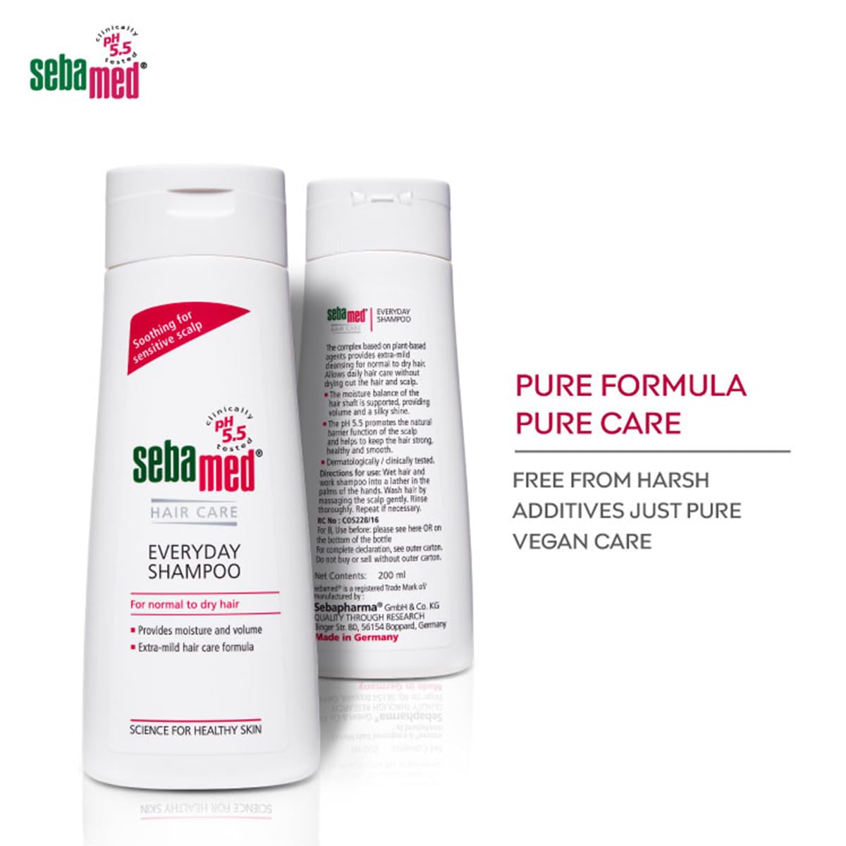 Two Sebamed shampoo bottles on a white background with product details.