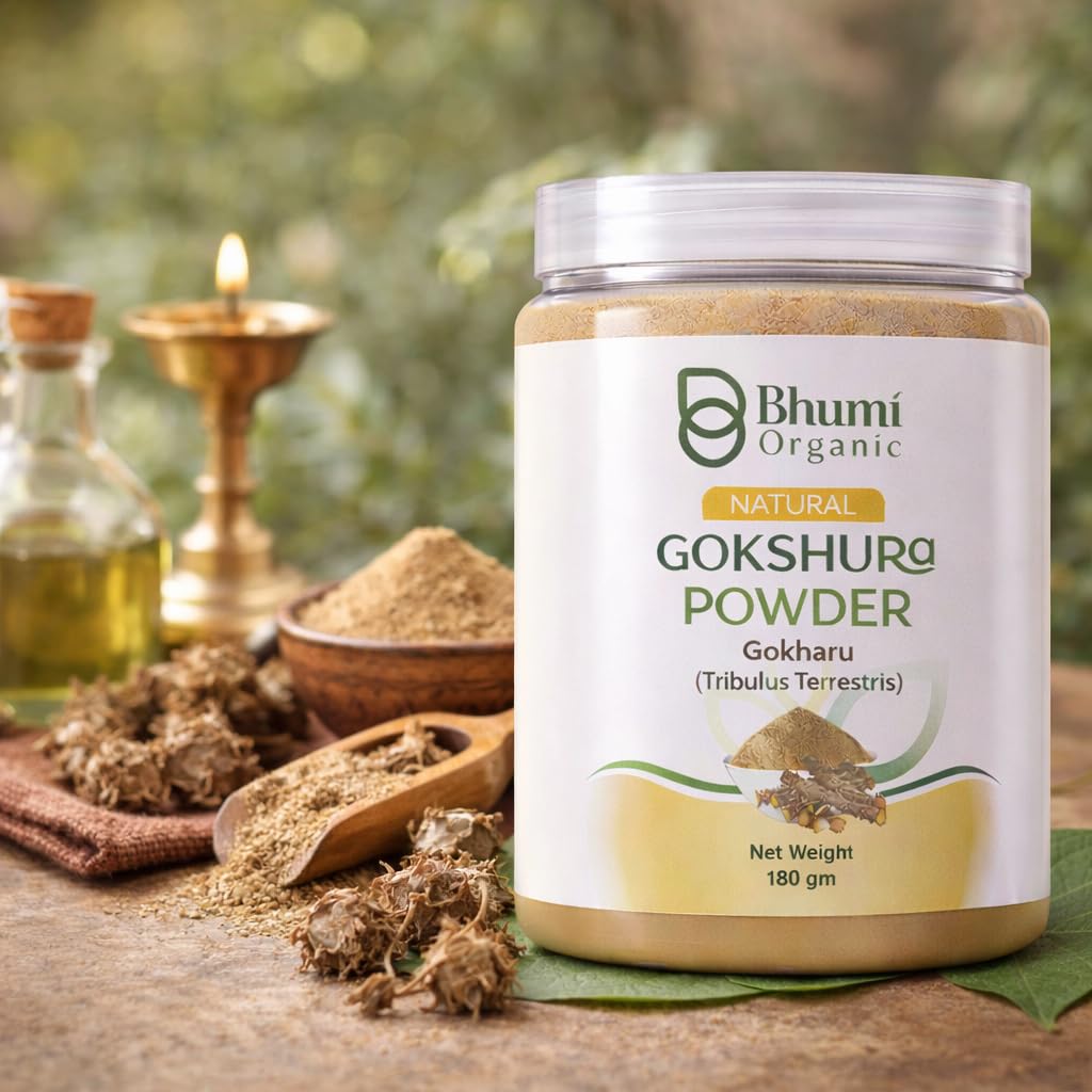 Bhumi Organic Gokshura Powder jar with natural ingredients on a wooden surface
