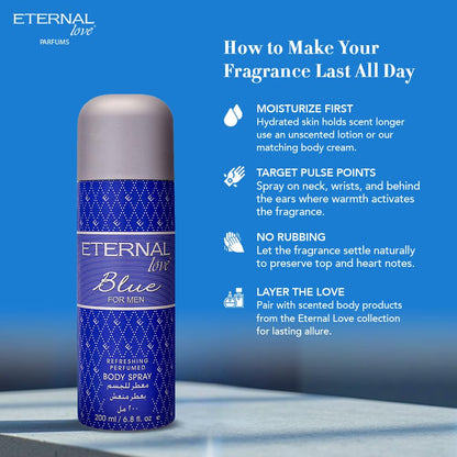 Blue body spray bottle with 'Eternal Love' branding on a blue background, featuring tips for fragrance longevity.