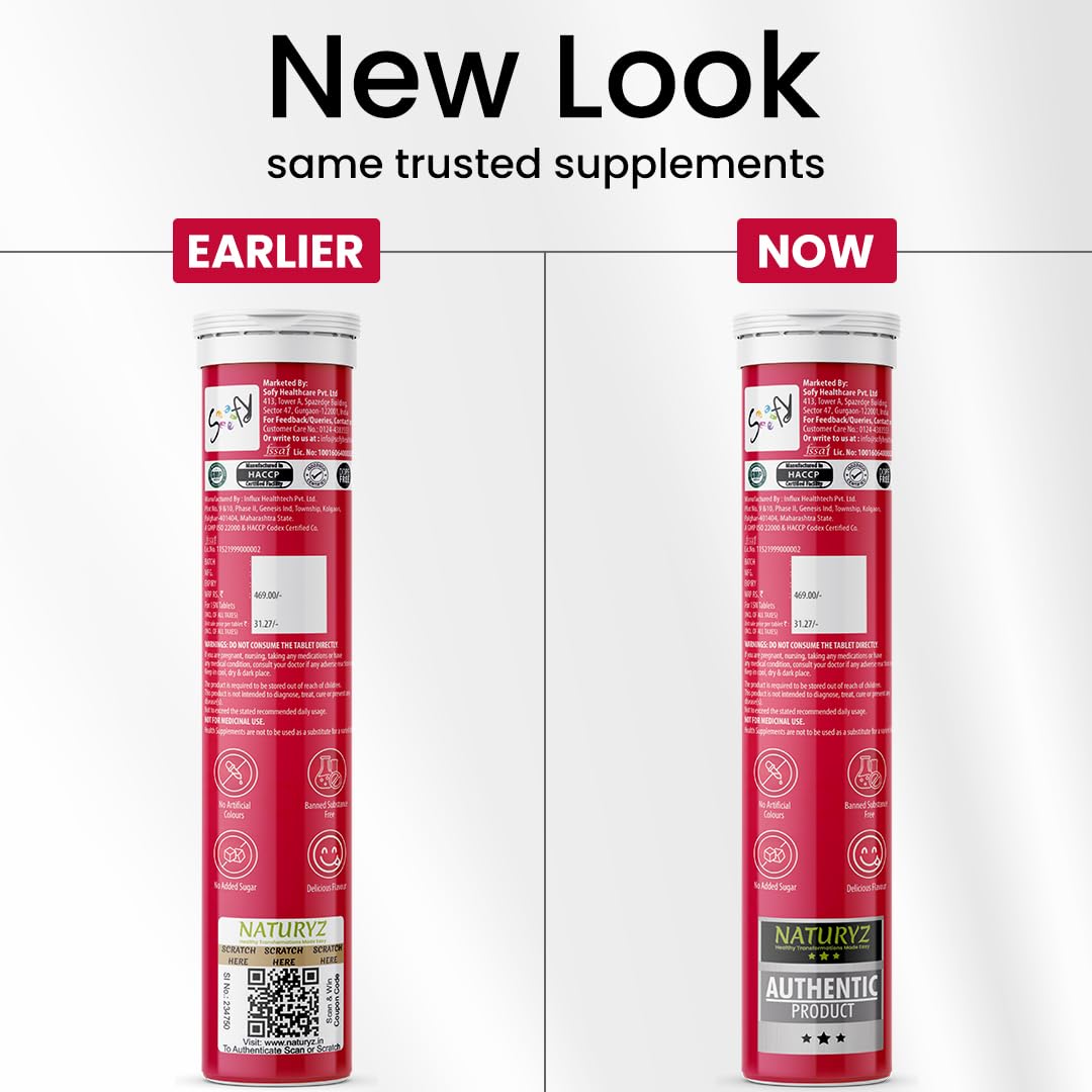 Two red supplement tubes side by side with text indicating a 'New Look' comparison.