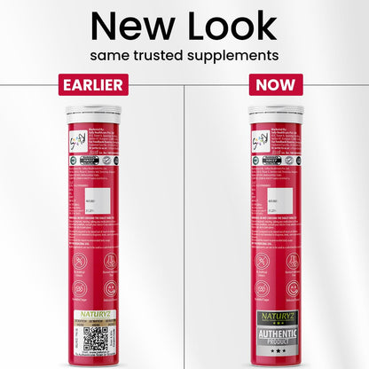 Two red supplement tubes side by side with text indicating a 'New Look' comparison.