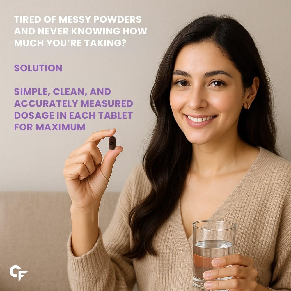 Woman holding a tablet and glass of water with promotional text about measuring dosage.