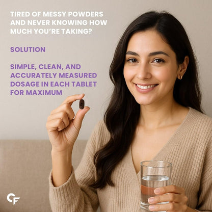 Woman holding a tablet and glass of water with promotional text about measuring dosage.