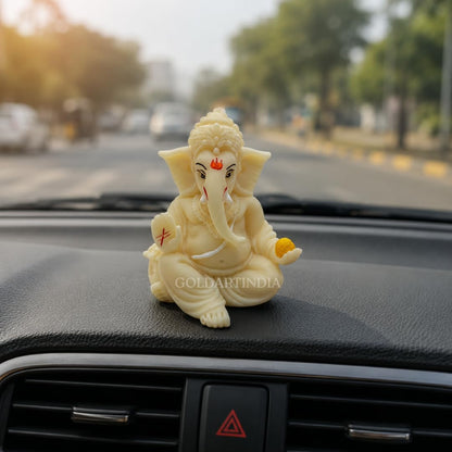 Gold Art India Ivory Finish Gaddi Ganesh Idol for Car Dashboard Small Ganesha Murti Ganpati Idol for Home Decor Puja Lord Ganesh Statue Gift for Office Desk Puja Room Figurine