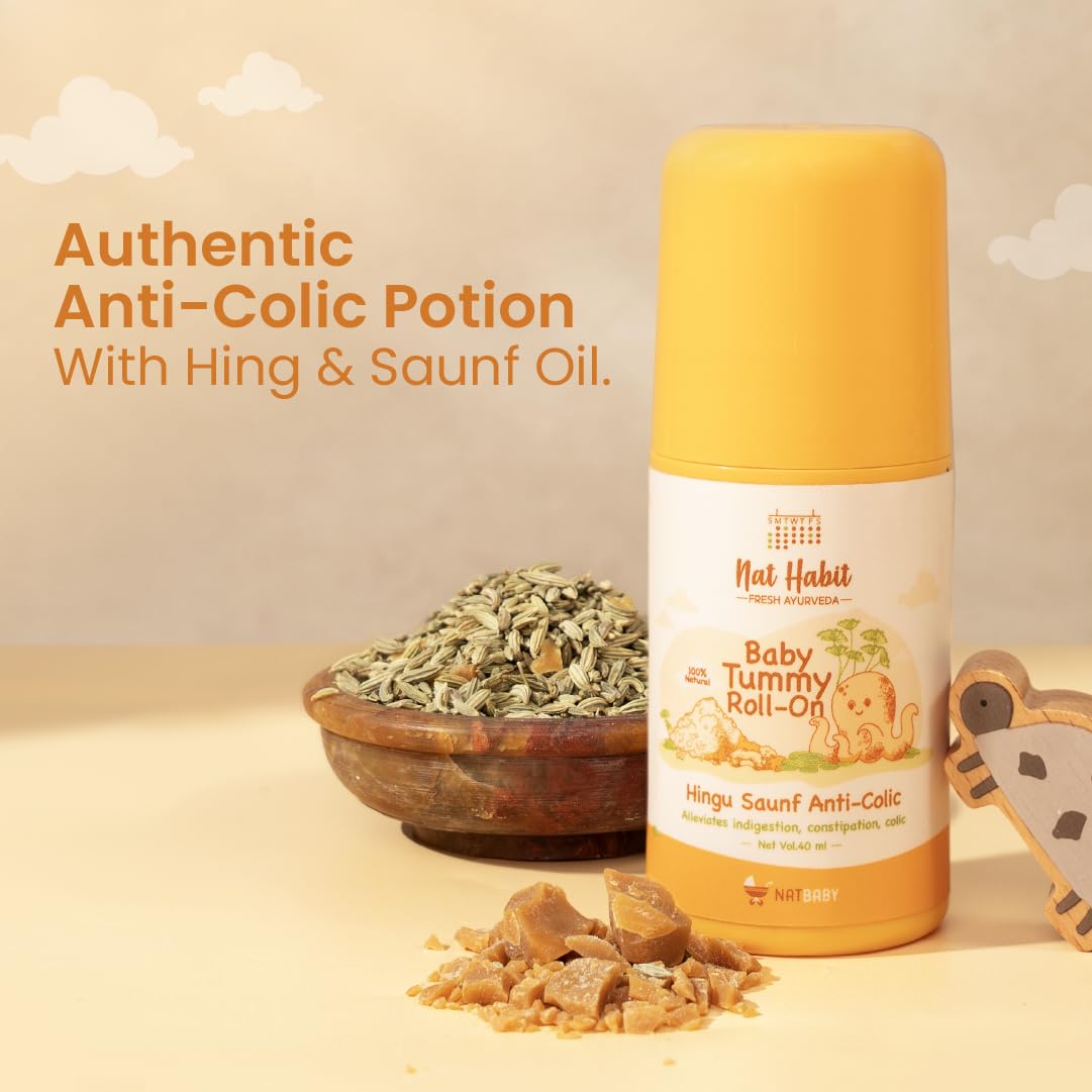 Nat Habit Hingu Saunf Tummy Roll-On for Baby Colic, Gas & Cold Relief | Hing Roll On for Newborns | Baby Tummy Roll | Cold & Cough Rollon | Constipation Relief | Ayurvedic Hing Oil 40ml