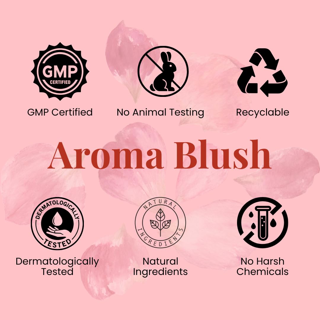 Product label with 'Aroma Blush' and various certification icons on a pink background.