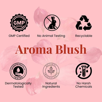 Product label with 'Aroma Blush' and various certification icons on a pink background.