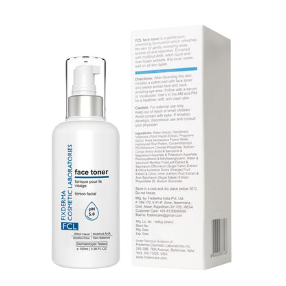 FCL Face Toner, minimizes enlarged pores, exfoliates impurities, refreshes the skin, reduces inflammation, controls oil production, imparts glowing skin, suitable for all skin types, 100ml
