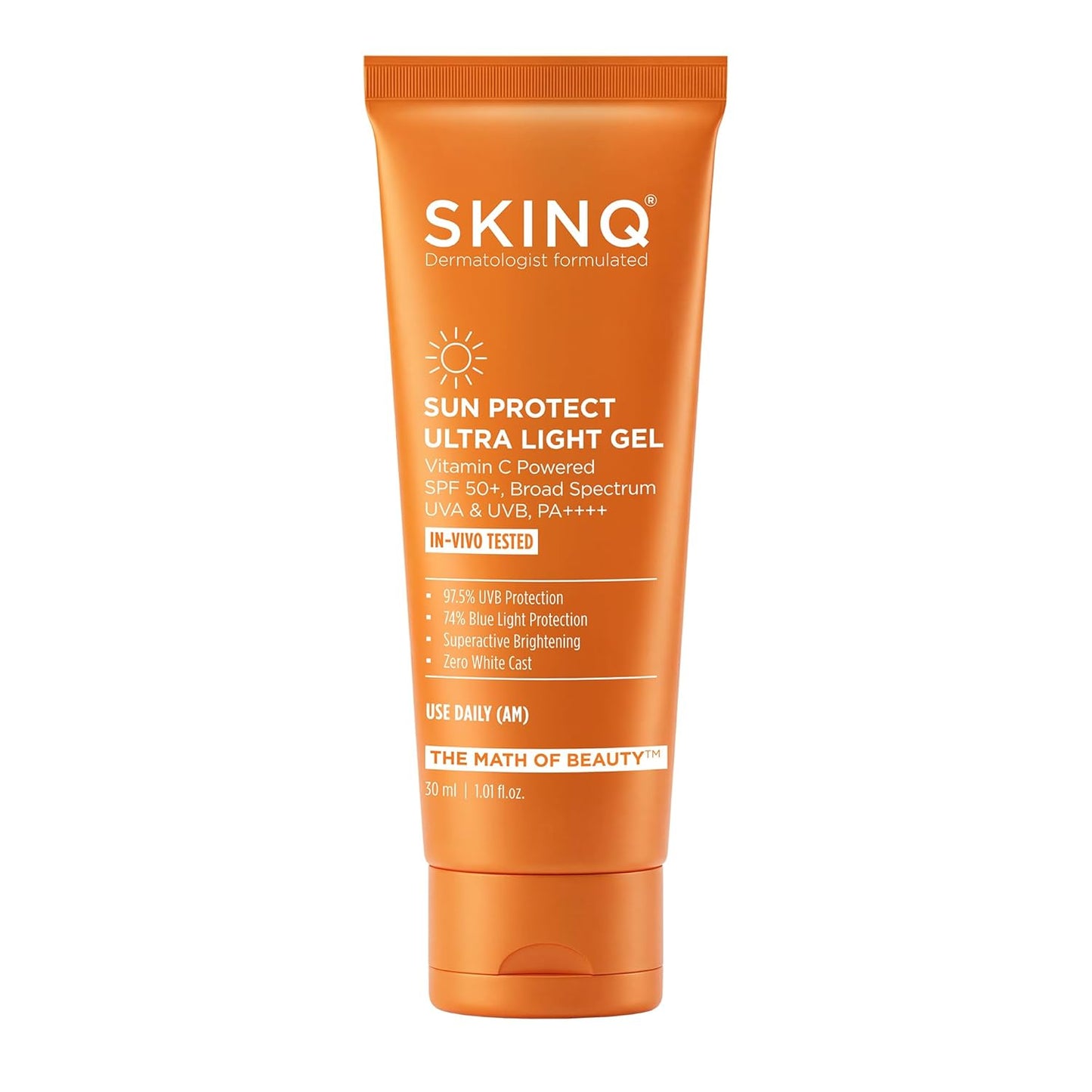 SKINQ Sun Protect Ultra Light Gel Sunscreen SPF 50+ PA++++ with Vitamin C | In-Vivo Tested | Zero White Cast | Lightweight, Non-Greasy | For Dry & Sensitive Skin | Dermat Formulated | 30ml