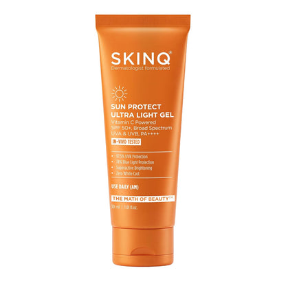 SKINQ Sun Protect Ultra Light Gel Sunscreen SPF 50+ PA++++ with Vitamin C | In-Vivo Tested | Zero White Cast | Lightweight, Non-Greasy | For Dry & Sensitive Skin | Dermat Formulated | 30ml