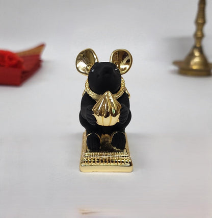 Gold Art India Gold-Plated Mushak (Mooshak) Mouse with Modak | Black Terracotta Finish | Mouse Idol | Vehicle (Vahana) of Lord Ganesha | 2.5 Inch Height | Home Decor, Mandir Pooja Room, Office Desk