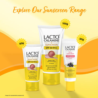 Lacto Calamine sunscreen products on a yellow background with text 'Explore Our Sunscreen Range'.