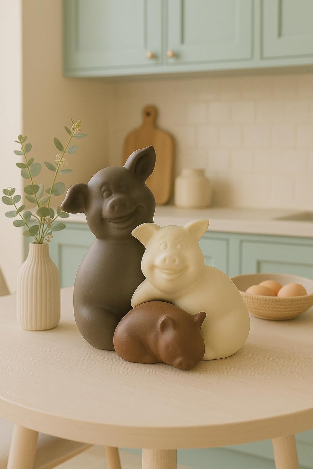 Home Décor Teddy Piggy Family Matte Finish Ceramic Figurines - (Set of 3, Matte Brown)